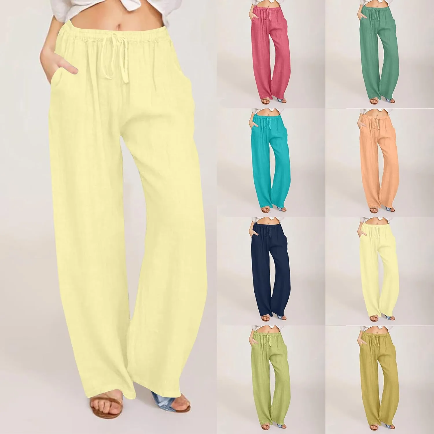 Women's Cotton Linen Palazzo Pants Wide Leg Beach Pants Summer Lightweight Pants Plus Size Lounge Pants with Pockets