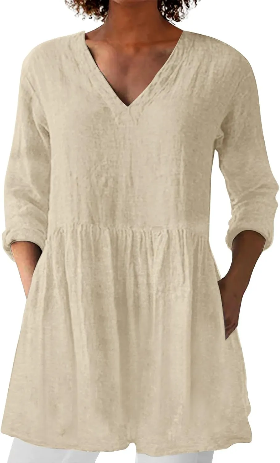 Womens Cotton Linen Peasant Blouses Long Sleeve V Neck Casual Loose Fit Tunic Tops for Leggings Flowy Babydoll Shirt
