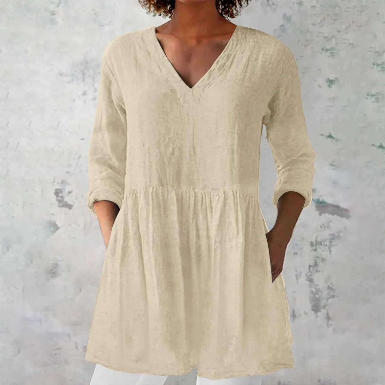Womens Cotton Linen Peasant Blouses Long Sleeve V Neck Casual Loose Fit Tunic Tops for Leggings Flowy Babydoll Shirt