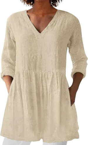 Womens Cotton Linen Peasant Blouses Long Sleeve V Neck Casual Loose Fit Tunic Tops for Leggings Flowy Babydoll Shirt