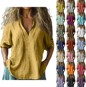 Womens Cotton Linen Shirts Solid 3/4 Length Sleeve Tunic Tops Oversized Summer Tshirts Casual Deep V Neck Dressy Blouses 2025