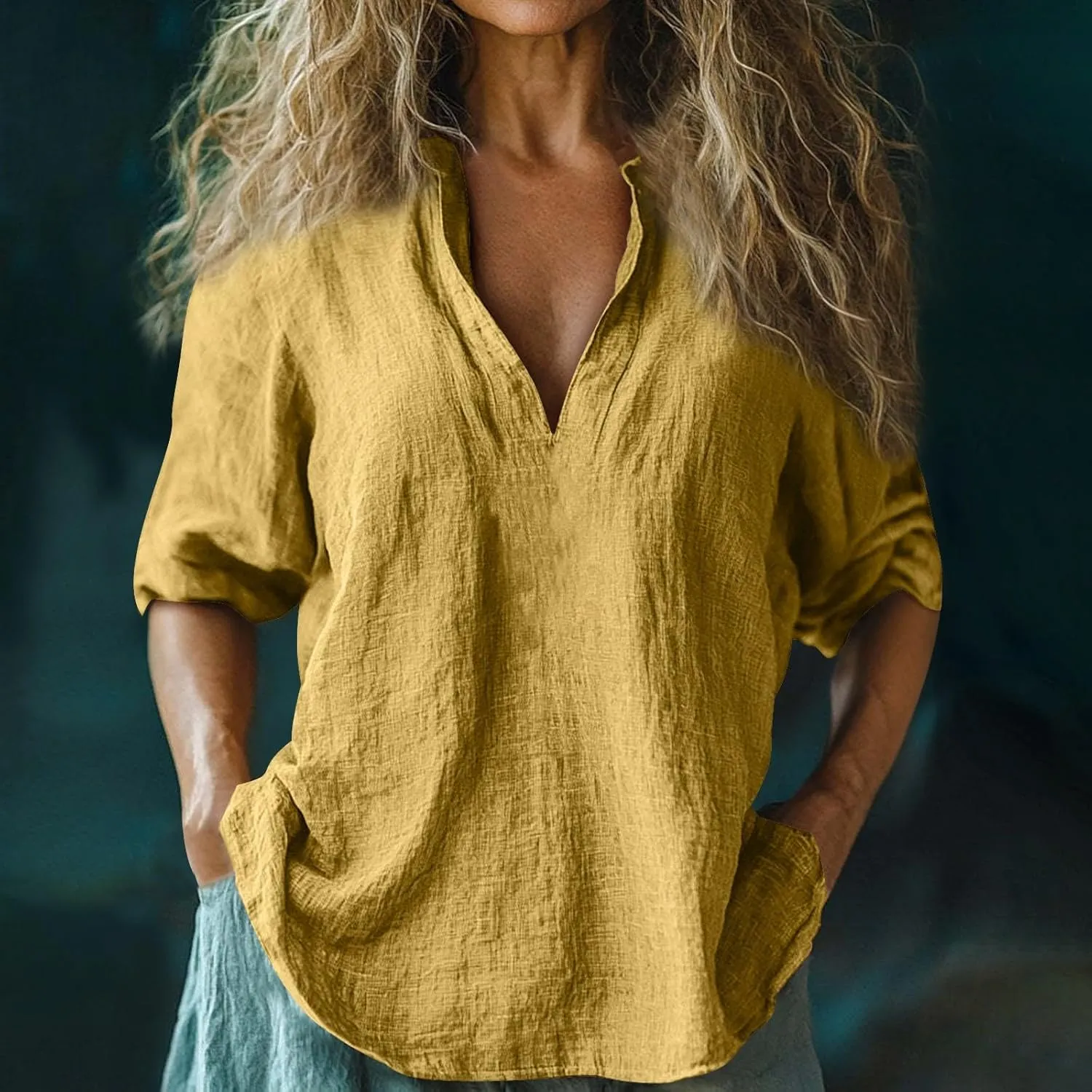 Womens Cotton Linen Shirts Solid 3/4 Length Sleeve Tunic Tops Oversized Summer Tshirts Casual Deep V Neck Dressy Blouses 2025