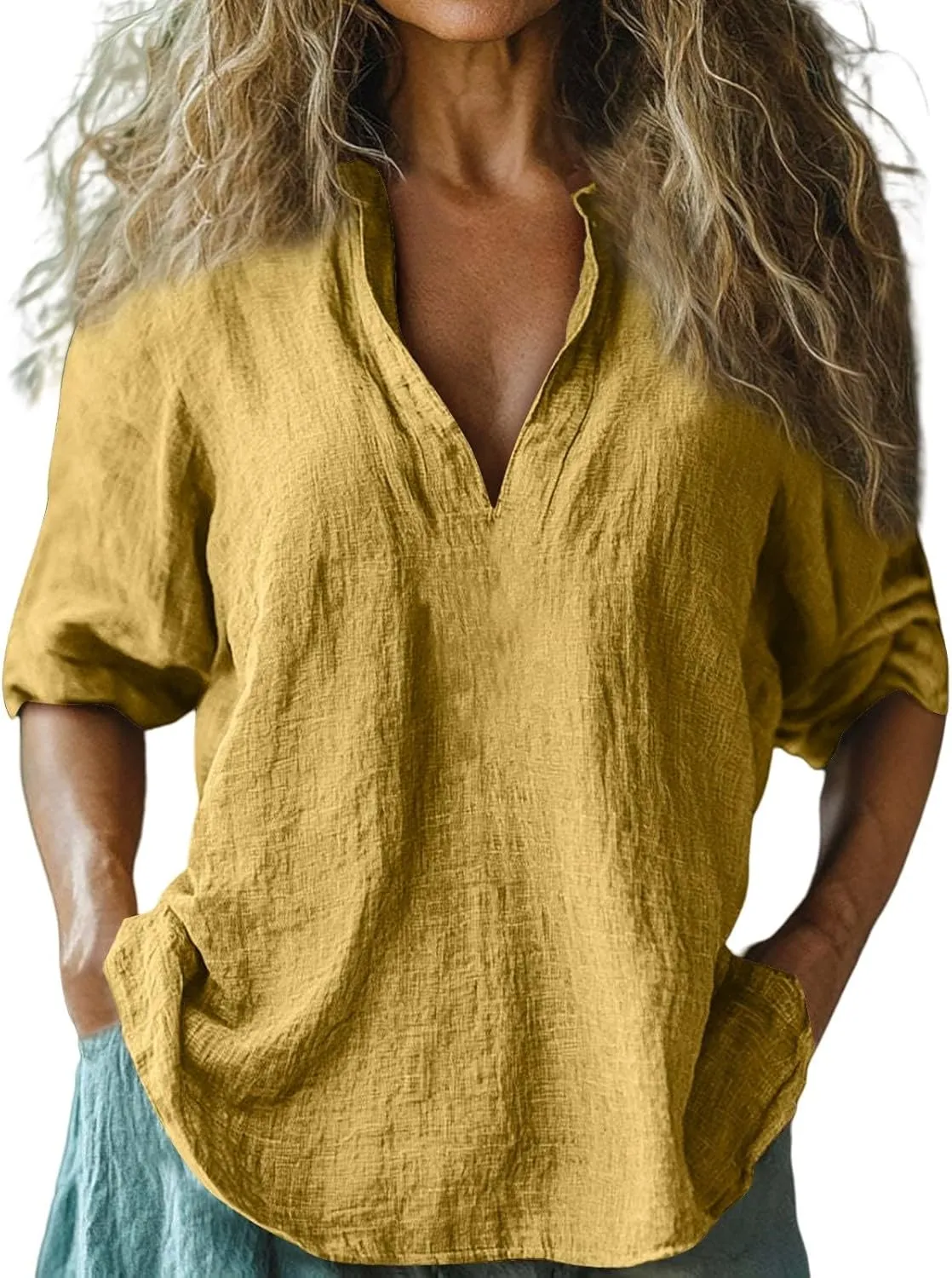 Womens Cotton Linen Shirts Solid 3/4 Length Sleeve Tunic Tops Oversized Summer Tshirts Casual Deep V Neck Dressy Blouses 2025