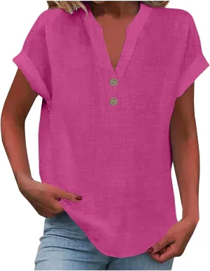 Womens Cotton Linen Shirts Summer Casual Loose Fit Comfy Business Blouses V Neck Button Down Short Sleeve Tops