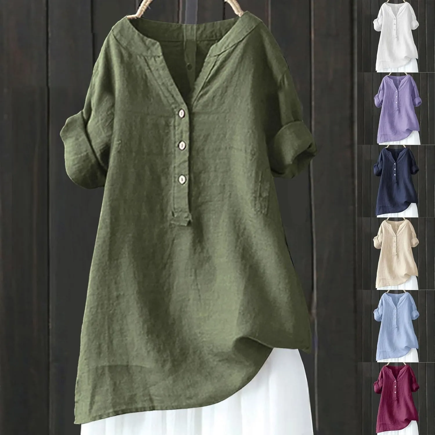 Womens Cotton Linen Shirts Summer Casual Roll Up Sleeve Tunic Tops Oversized Tshirts Solid V Neck Button Down Dressy Blouses