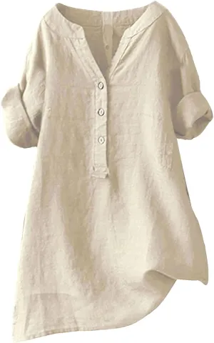 Womens Cotton Linen Shirts Summer Casual Roll Up Sleeve Tunic Tops Oversized Tshirts Solid V Neck Button Down Dressy Blouses