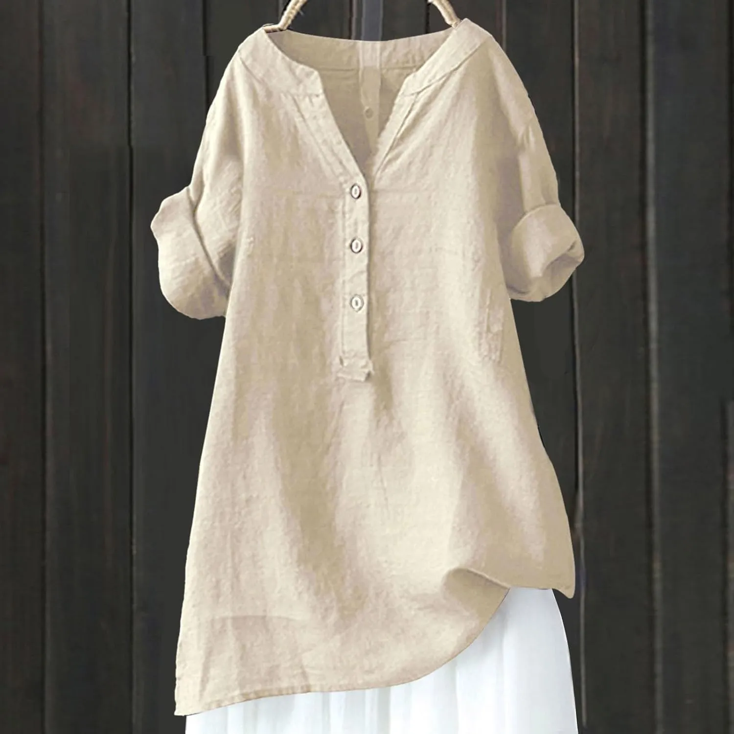 Womens Cotton Linen Shirts Summer Casual Roll Up Sleeve Tunic Tops Oversized Tshirts Solid V Neck Button Down Dressy Blouses