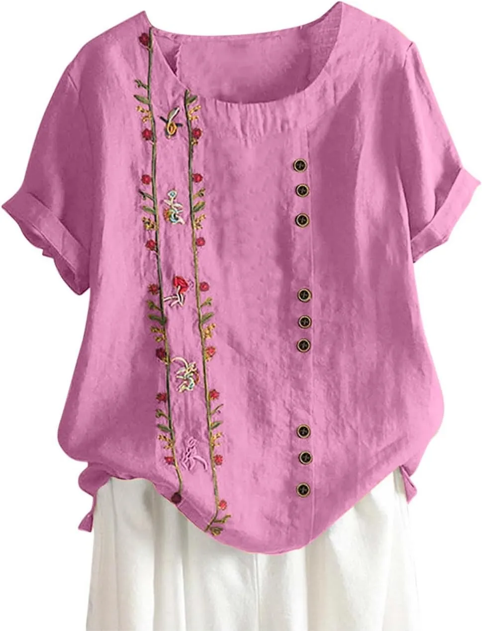 Womens Cotton Linen Short Sleeve Tops Casual Crew Neck T Shirts Embroidered Blouse Plus Size Loose Fit Summer Tunics