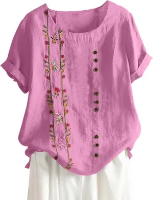 Womens Cotton Linen Short Sleeve Tops Casual Crew Neck T Shirts Embroidered Blouse Plus Size Loose Fit Summer Tunics
