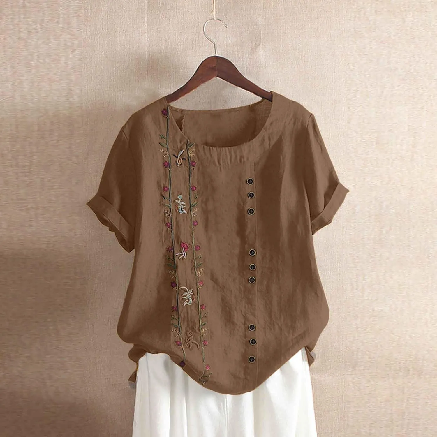 Womens Cotton Linen Summer Tops Short Sleeve Blouse Shirts Boho Peasant Tunics Shirt Trendy Cute Clothing 2024