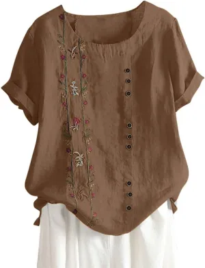 Womens Cotton Linen Summer Tops Short Sleeve Blouse Shirts Boho Peasant Tunics Shirt Trendy Cute Clothing 2024