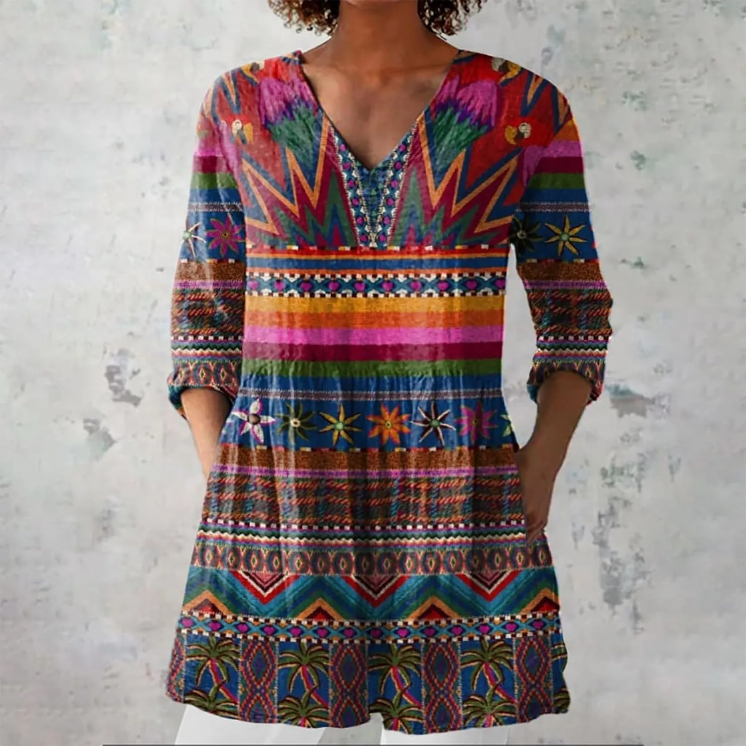 Womens Cotton Linen Tops 3/4 Sleeve V Neck Oversized T-Shirt Summer Casual Floral Gauze Blouses Dressy with Pockets