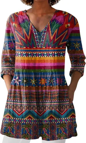Womens Cotton Linen Tops 3/4 Sleeve V Neck Oversized T-Shirt Summer Casual Floral Gauze Blouses Dressy with Pockets
