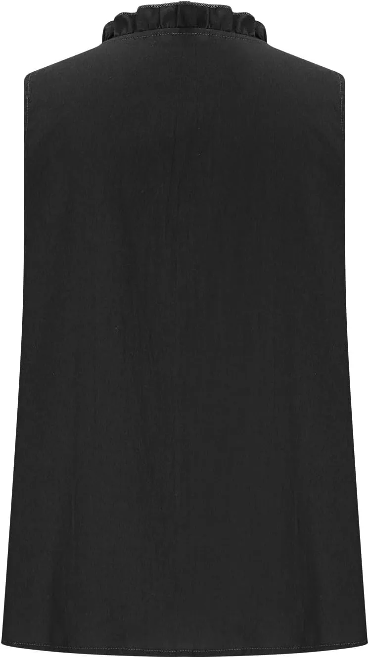 Womens Cotton Linen Vest Tops Deep V Neck Sleeveless Longline Tank Top Button Down Soft Basic Shirts with Pockets