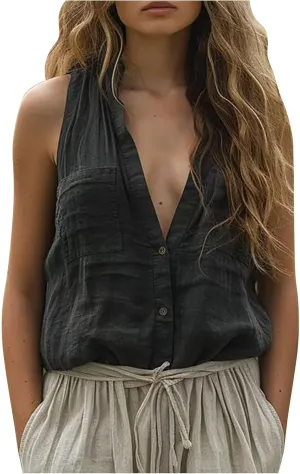 Womens Cotton Linen Vest Tops Deep V Neck Sleeveless Longline Tank Top Button Down Soft Basic Shirts with Pockets