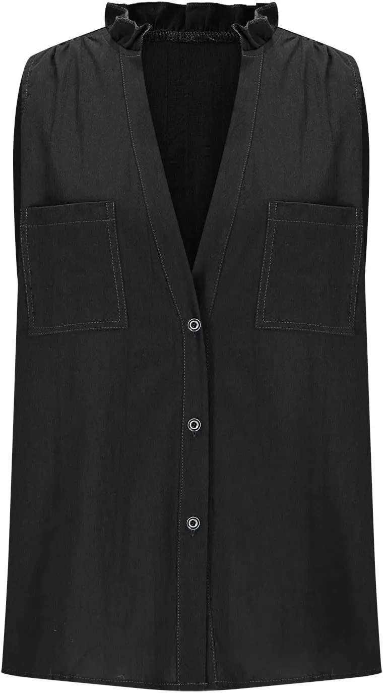 Womens Cotton Linen Vest Tops Deep V Neck Sleeveless Longline Tank Top Button Down Soft Basic Shirts with Pockets
