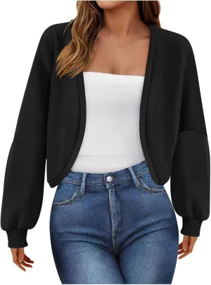 Womens Cropped Sweatshirt Casual Fleece Long Sleeve Cardigan Open Front Shrug Workout Fashion Y2k Tops Fall Clothes