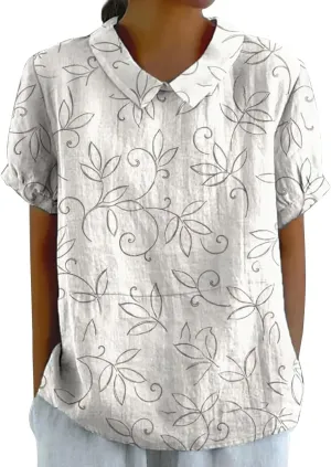 Womens Cute Summer Tops and Blouses Peter Pan Collar Puff Short Sleeve Shirts Vintage Floral Loose Fit Linen Tshirt