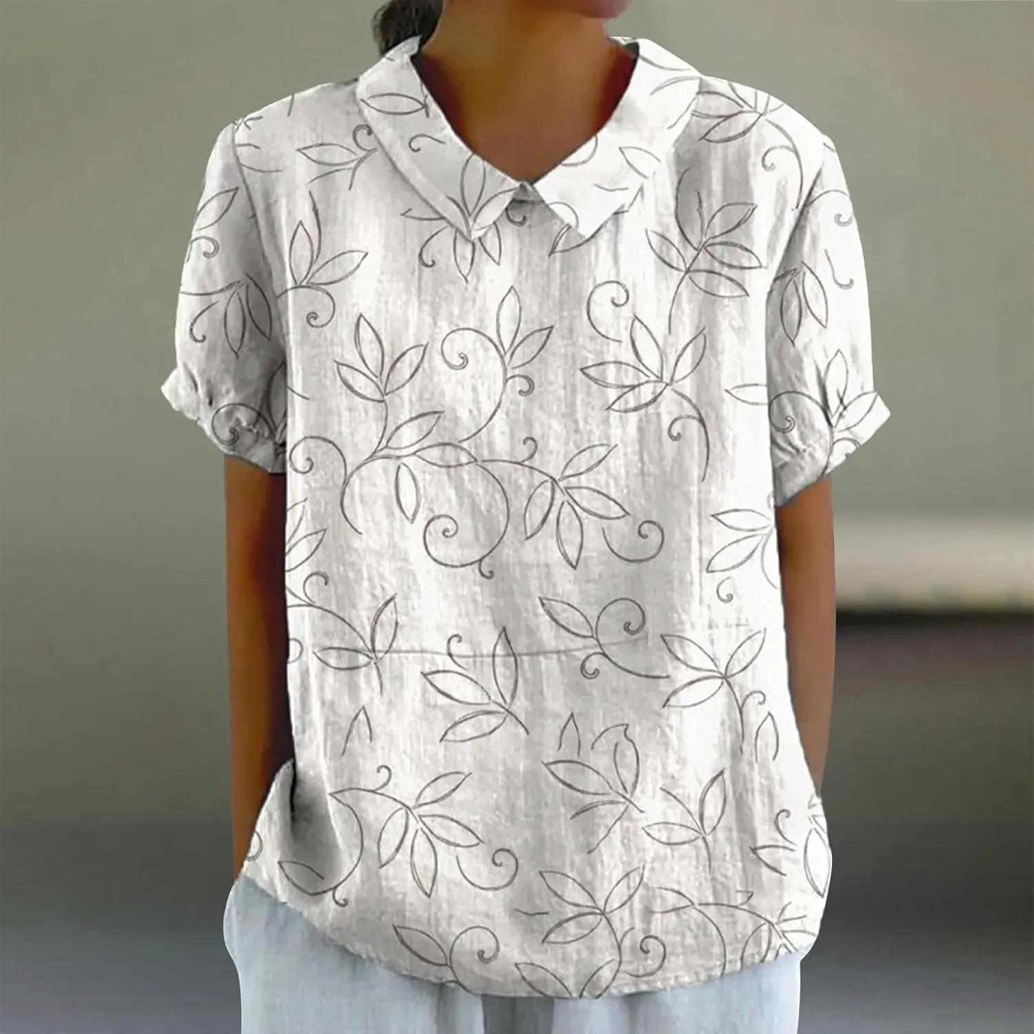 Womens Cute Summer Tops and Blouses Peter Pan Collar Puff Short Sleeve Shirts Vintage Floral Loose Fit Linen Tshirt