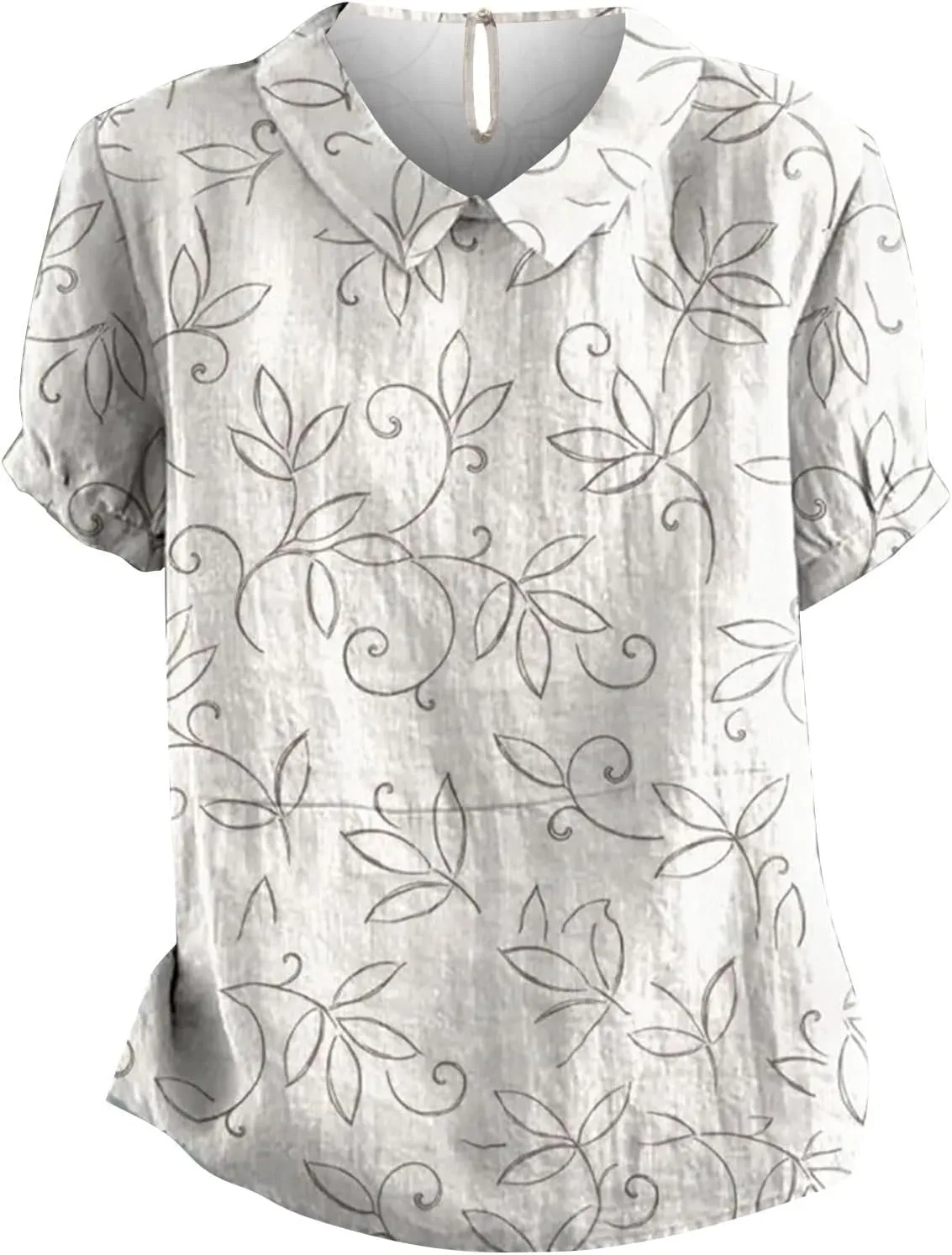 Womens Cute Summer Tops and Blouses Peter Pan Collar Puff Short Sleeve Shirts Vintage Floral Loose Fit Linen Tshirt