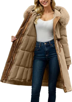 Women's Down Jacket Thickened Knee-Length Padded Quilted Puffer Winter Coat Pockets Outerwear Faux Fur Removable Hood