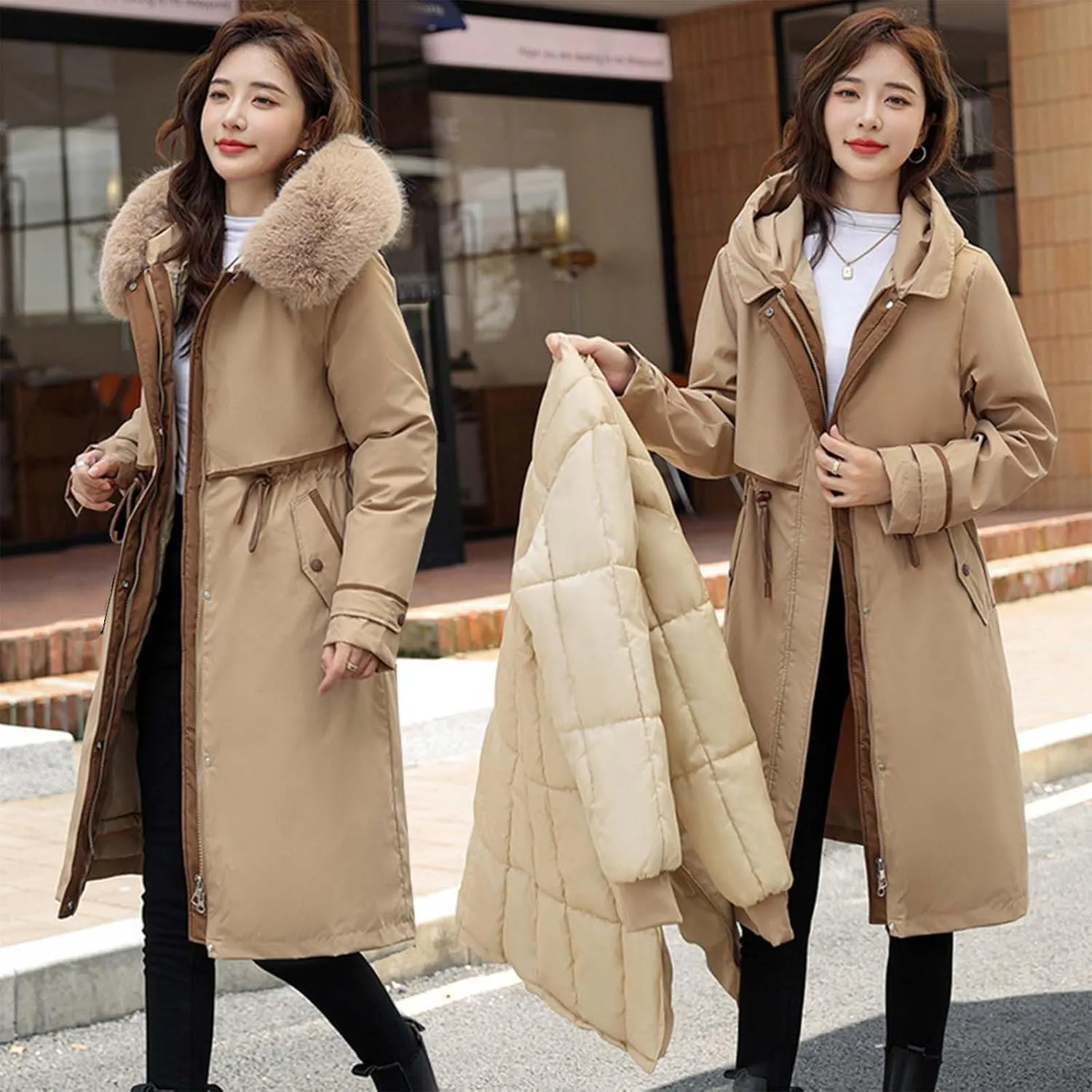 Women's Down Jacket Thickened Knee-Length Padded Quilted Puffer Winter Coat Pockets Outerwear Faux Fur Removable Hood