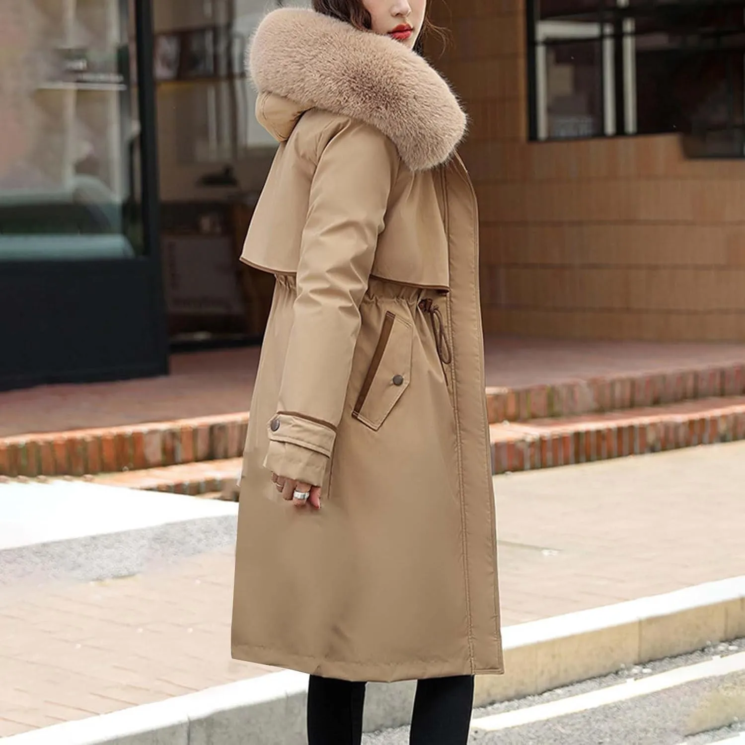 Women's Down Jacket Thickened Knee-Length Padded Quilted Puffer Winter Coat Pockets Outerwear Faux Fur Removable Hood