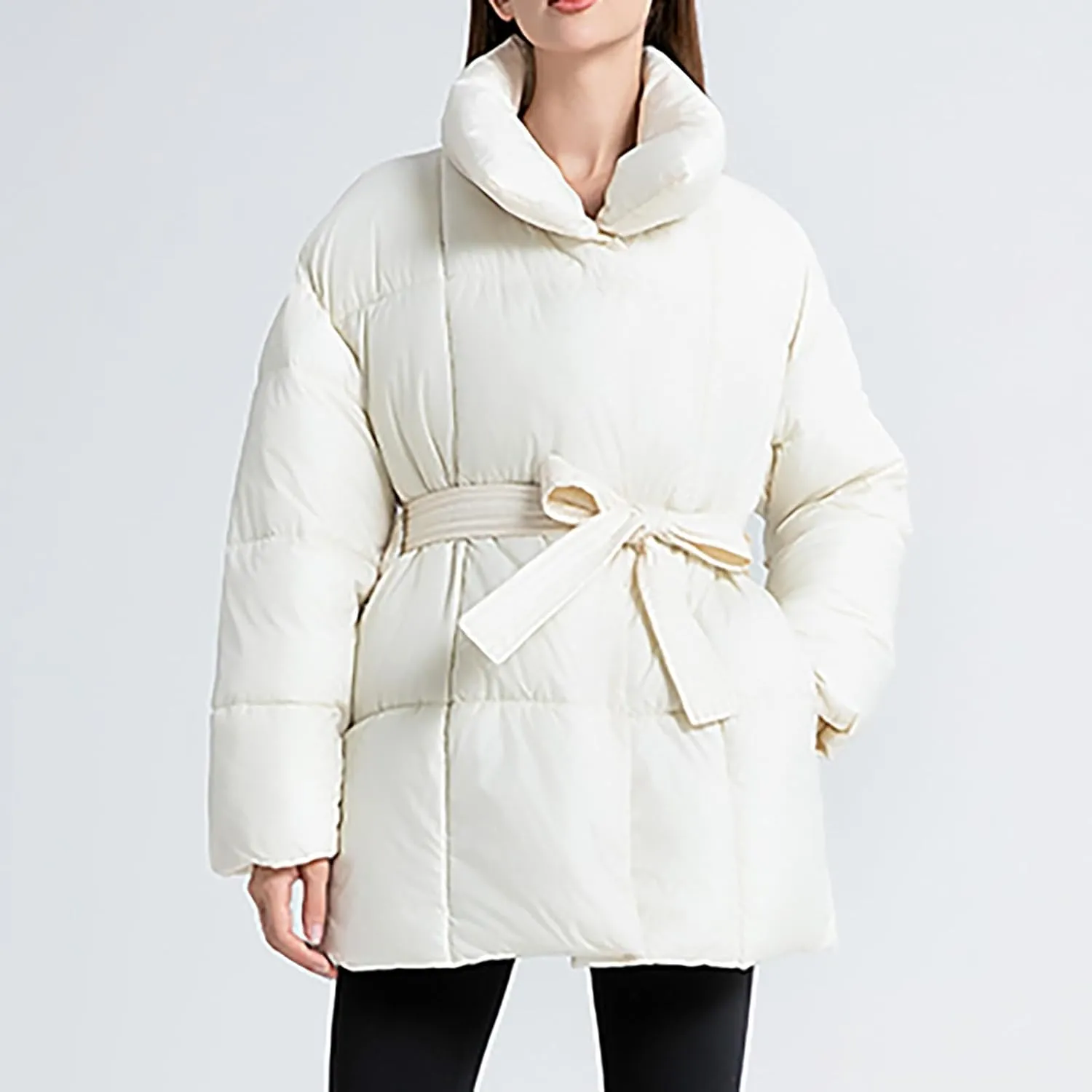 Women's Down Puffer Jacket Lightweight Thermal Quilted Coat with Pockets Zip-up Winter Warm Jacket with Belt