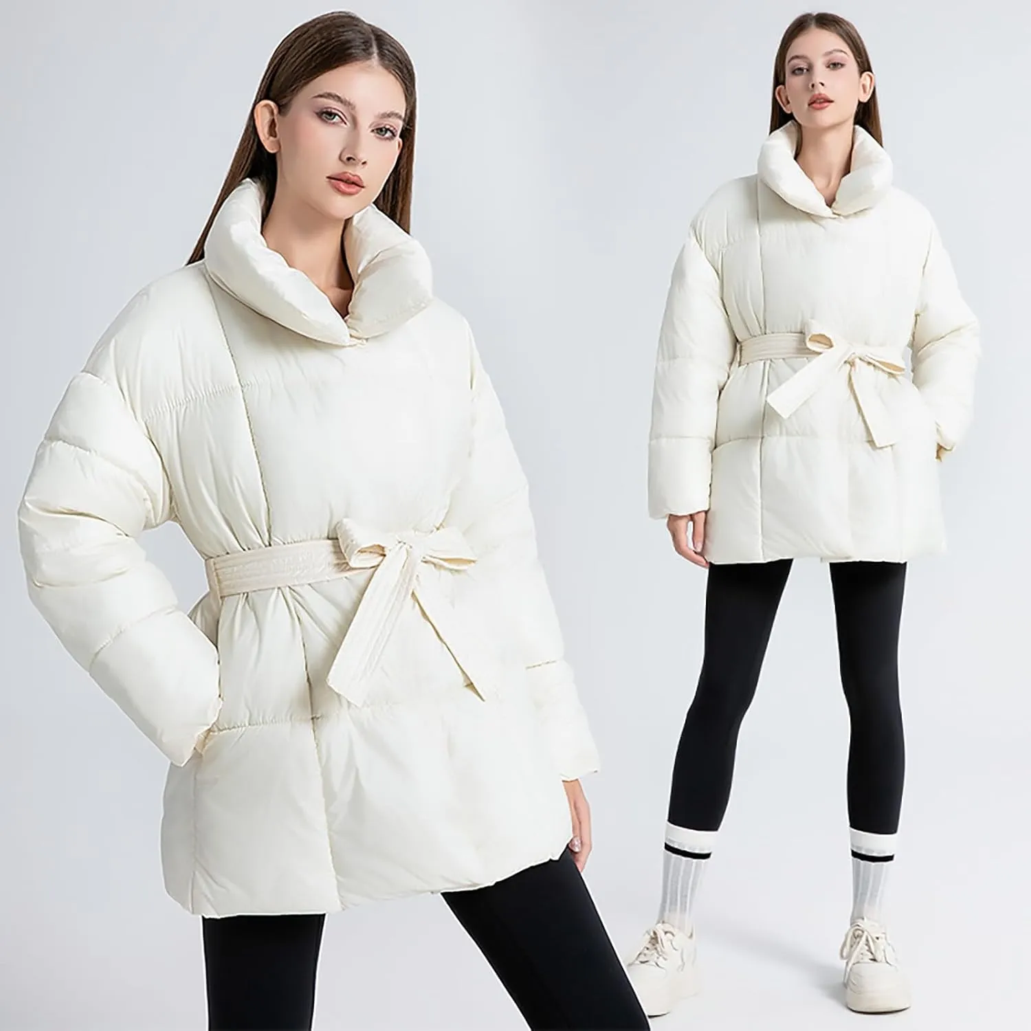 Women's Down Puffer Jacket Lightweight Thermal Quilted Coat with Pockets Zip-up Winter Warm Jacket with Belt