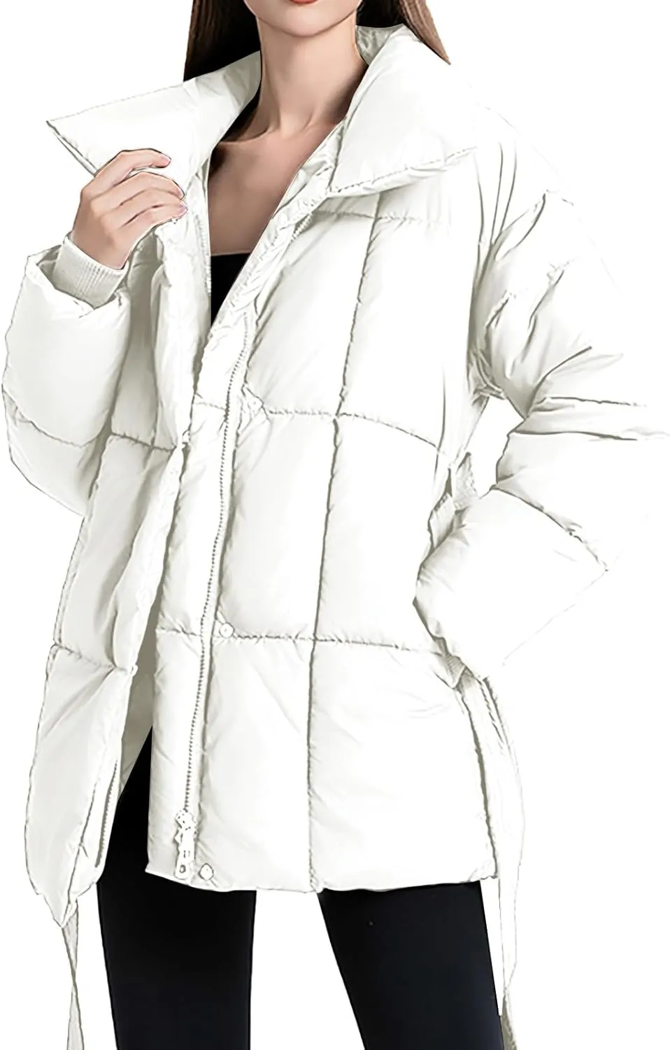 Women's Down Puffer Jacket Lightweight Thermal Quilted Coat with Pockets Zip-up Winter Warm Jacket with Belt