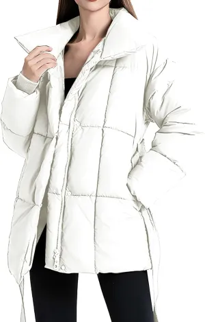Women's Down Puffer Jacket Lightweight Thermal Quilted Coat with Pockets Zip-up Winter Warm Jacket with Belt