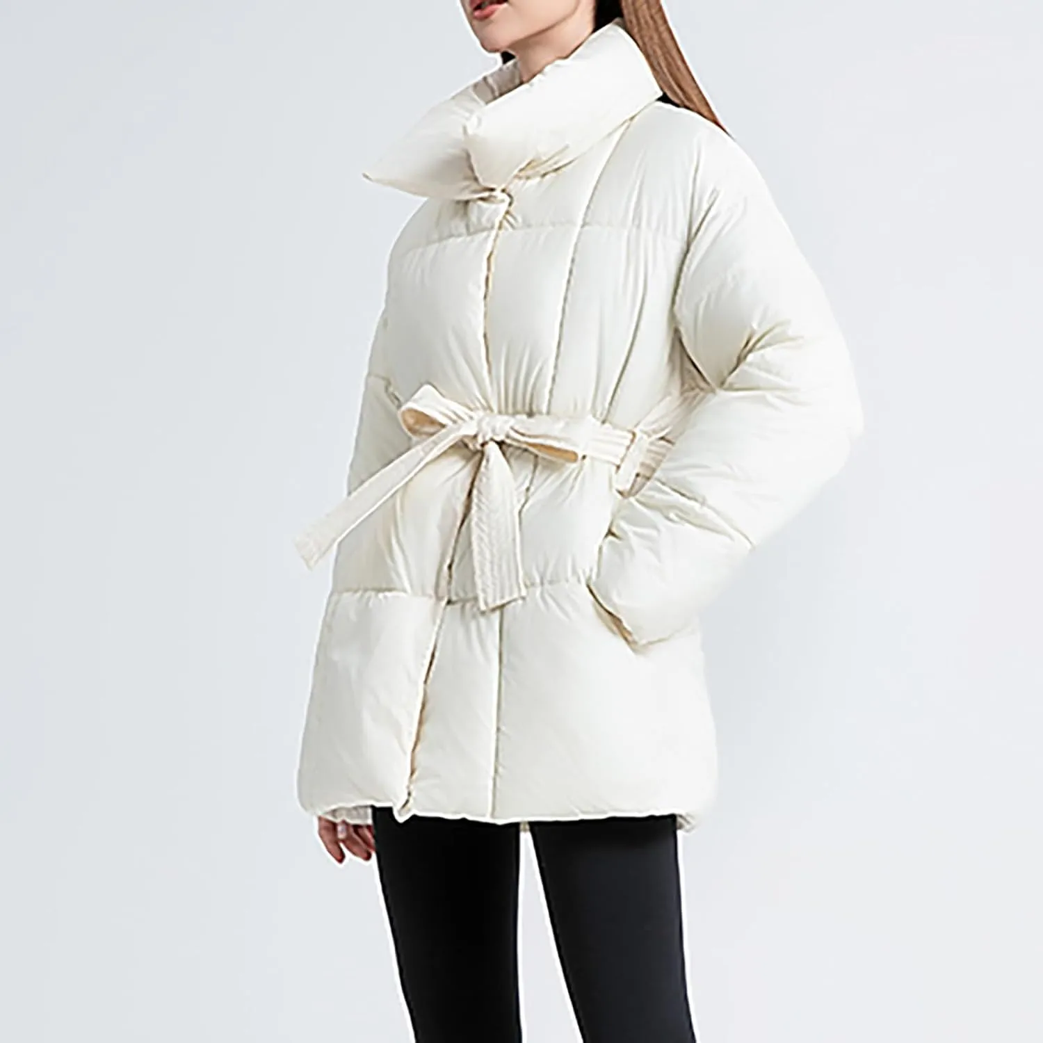 Women's Down Puffer Jacket Lightweight Thermal Quilted Coat with Pockets Zip-up Winter Warm Jacket with Belt