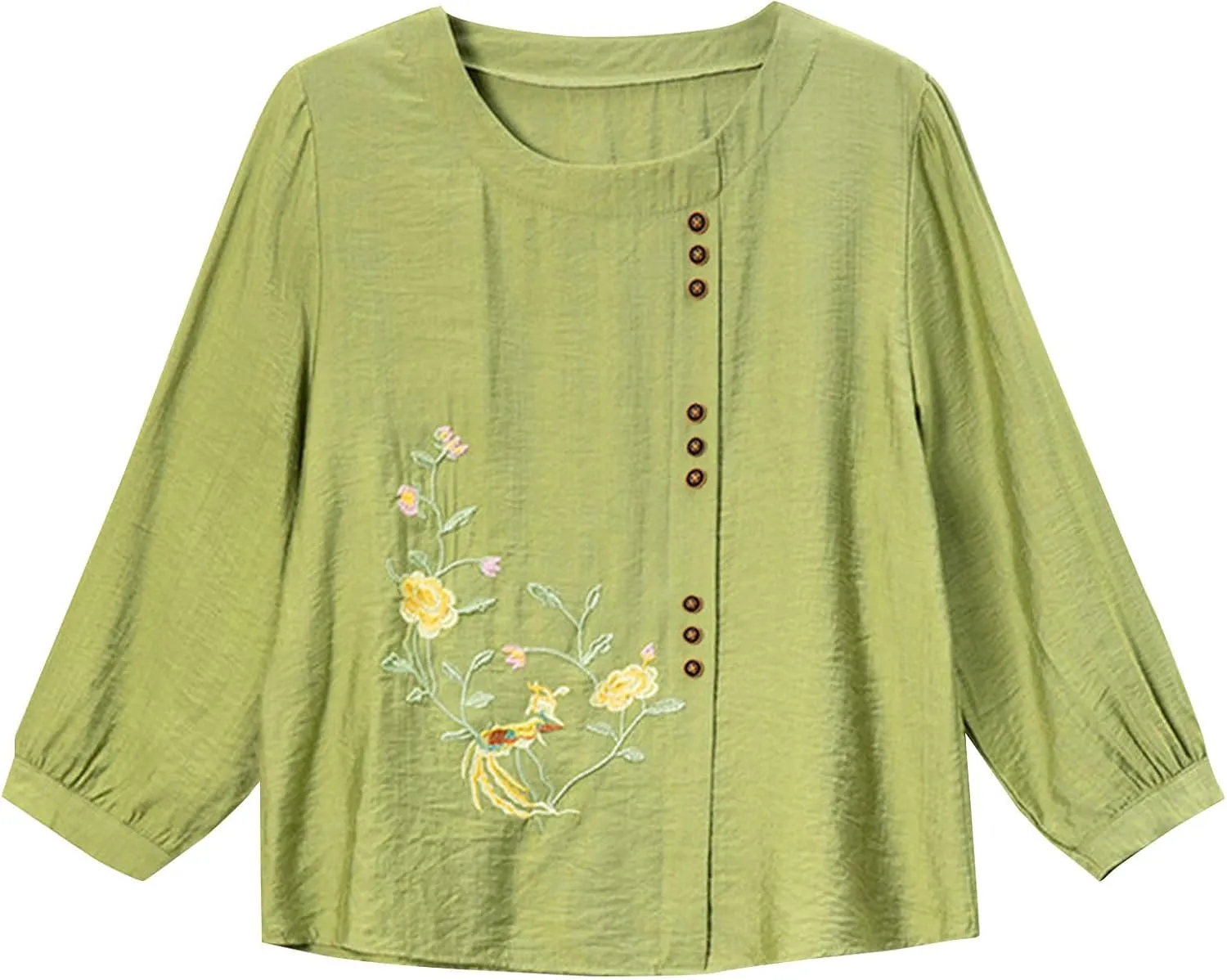 Women's Embroidery Cotton Linen Shirts Long Sleeve Tops Casual Trendy Blouse Holiday Beach Cover Ups Boho Blouse