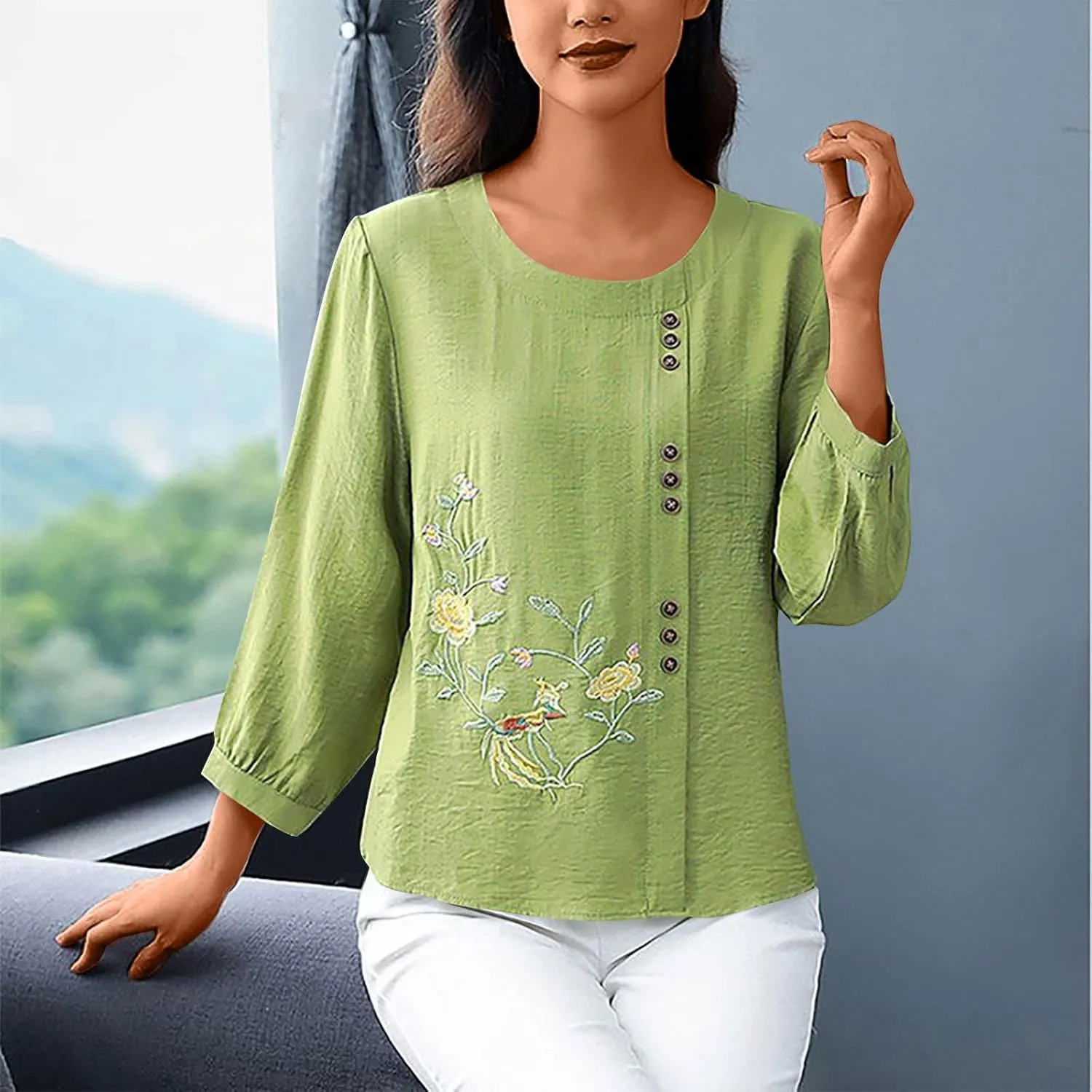 Women's Embroidery Cotton Linen Shirts Long Sleeve Tops Casual Trendy Blouse Holiday Beach Cover Ups Boho Blouse