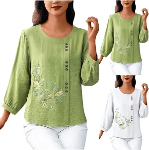 Women's Embroidery Cotton Linen Shirts Long Sleeve Tops Casual Trendy Blouse Holiday Beach Cover Ups Boho Blouse