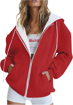 Women's Fashion Zipper Hoodie Long Sleeve Hooded Pullover Sweatshirt Casual Solid Color Tops With Pockets