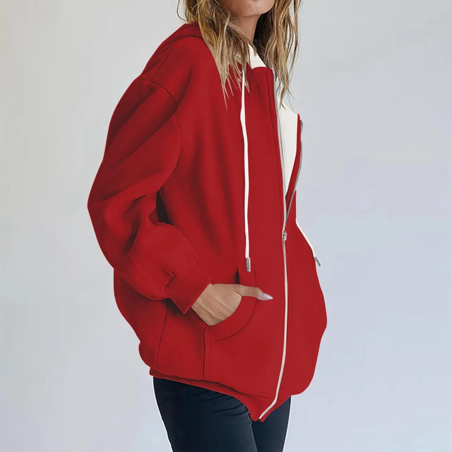 Women's Fashion Zipper Hoodie Long Sleeve Hooded Pullover Sweatshirt Casual Solid Color Tops With Pockets