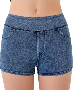 Womens Faux Denim Shorts High Waisted Stretchy Jeans Look Dressy Sexy Butt-Lifting Shorts Summer Bottoms
