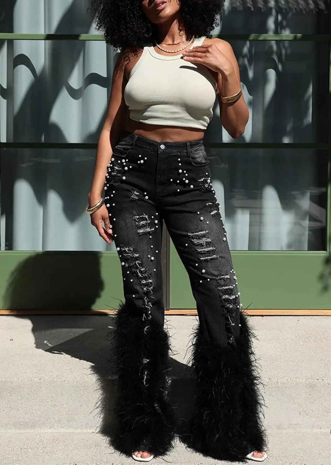 Women's Flare Ripped Pearl Jeans High Waisted Feather Bell Bottom Y2K Distressed Denim Pants Streetwear