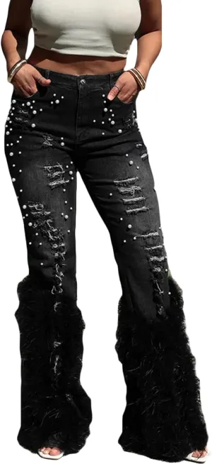 Women's Flare Ripped Pearl Jeans High Waisted Feather Bell Bottom Y2K Distressed Denim Pants Streetwear