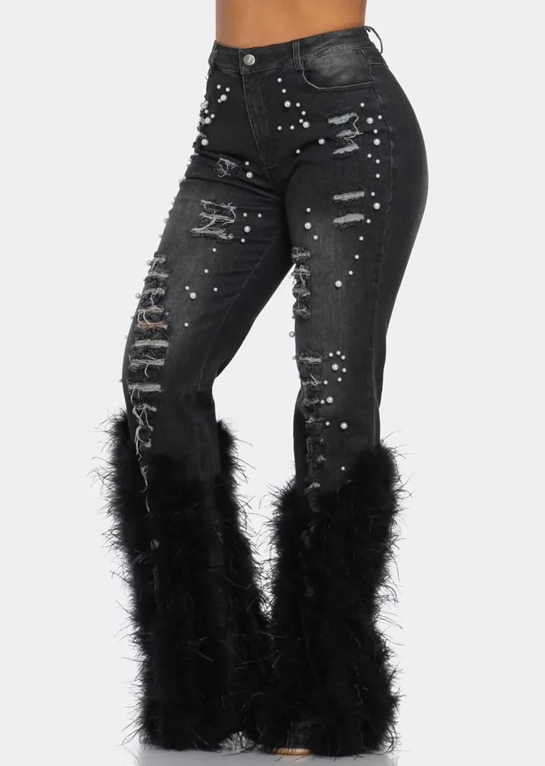 Women's Flare Ripped Pearl Jeans High Waisted Feather Bell Bottom Y2K Distressed Denim Pants Streetwear