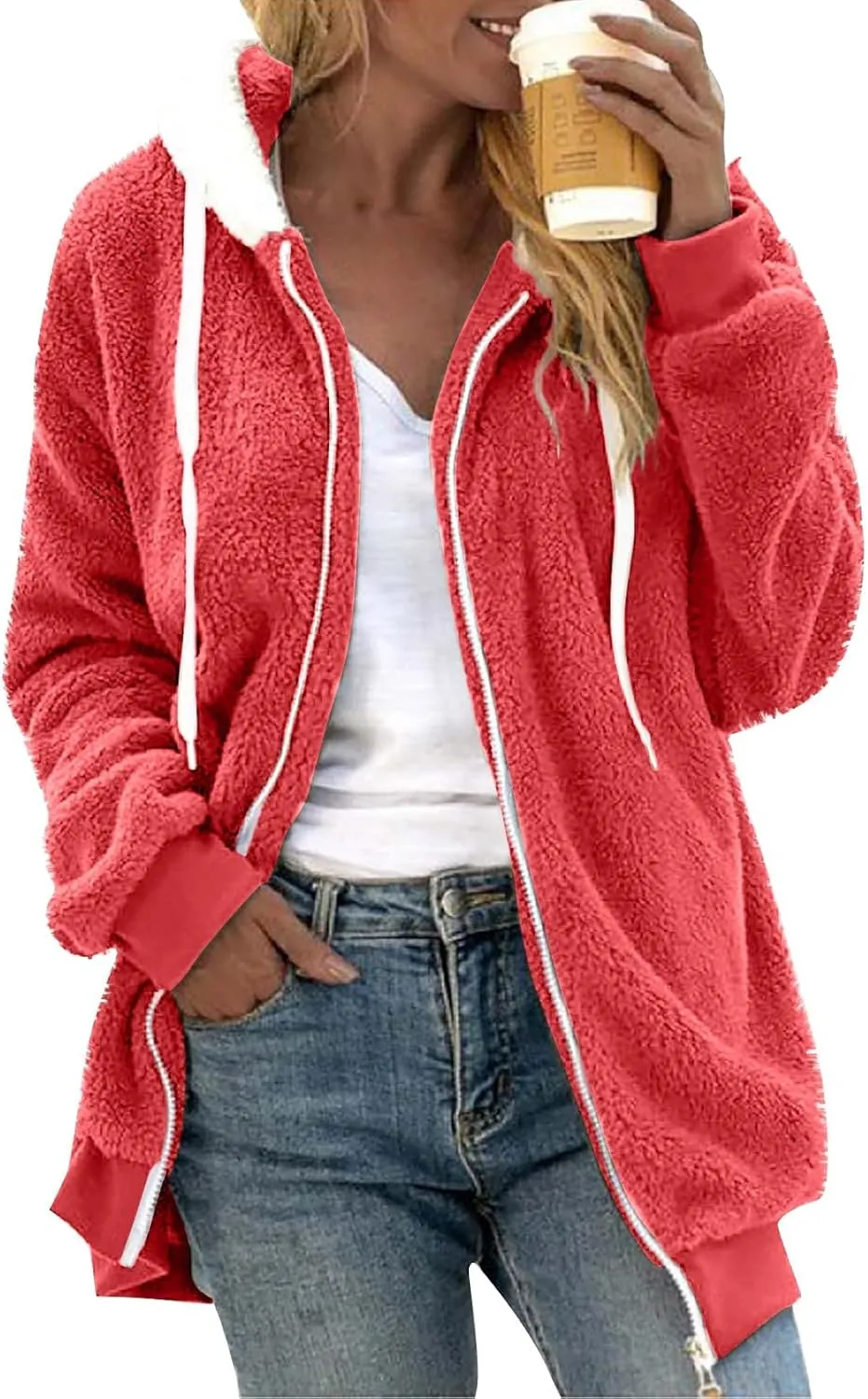 Womens Fleece Jacket Full Zip Fluffy Hoodie Winter Hooded Cardiagan Coat Sherpa Jacket with Pockets