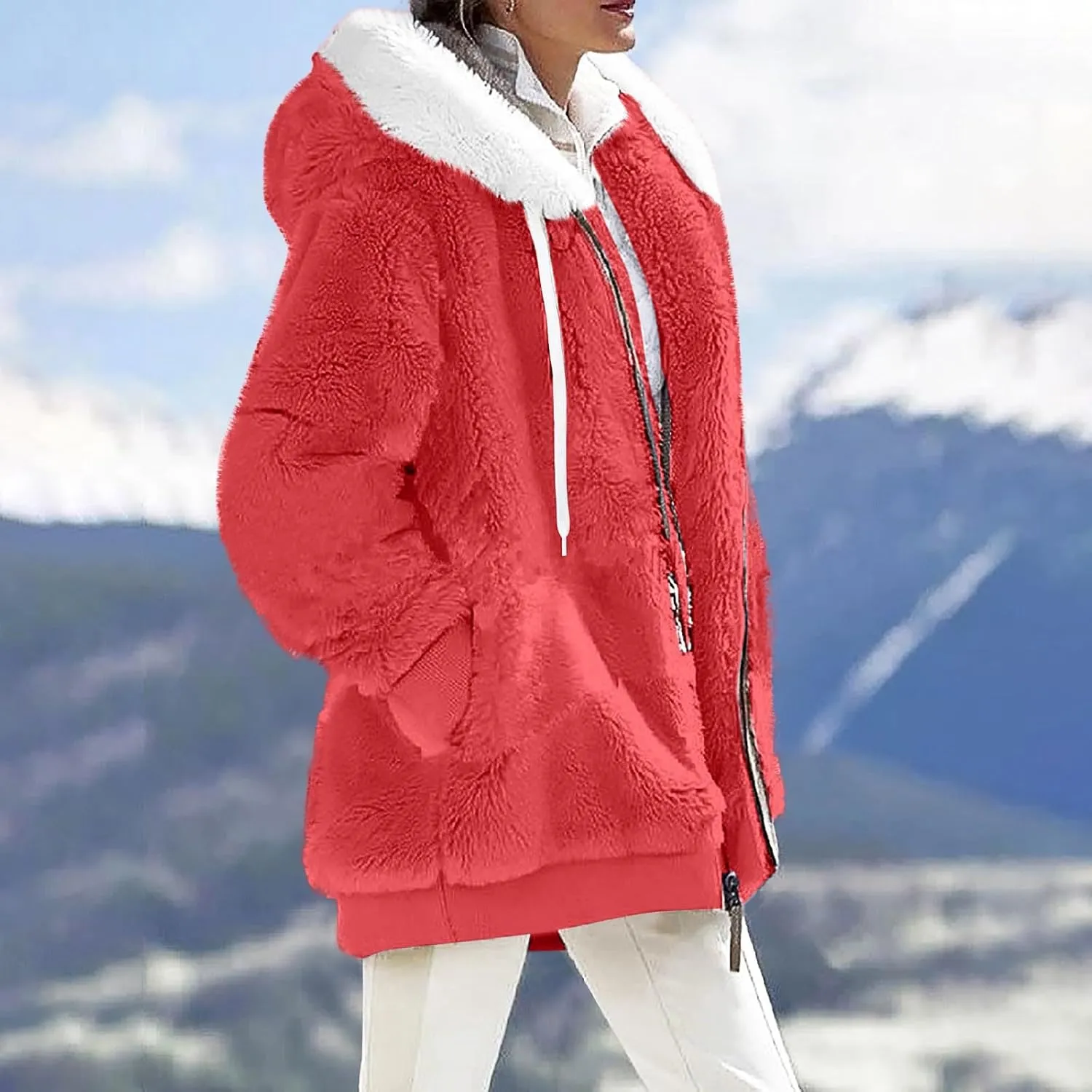 Womens Fleece Jacket Full Zip Fluffy Hoodie Winter Hooded Cardiagan Coat Sherpa Jacket with Pockets