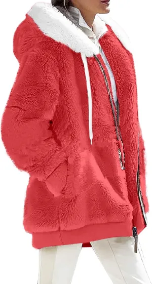 Womens Fleece Jacket Full Zip Fluffy Hoodie Winter Hooded Cardiagan Coat Sherpa Jacket with Pockets