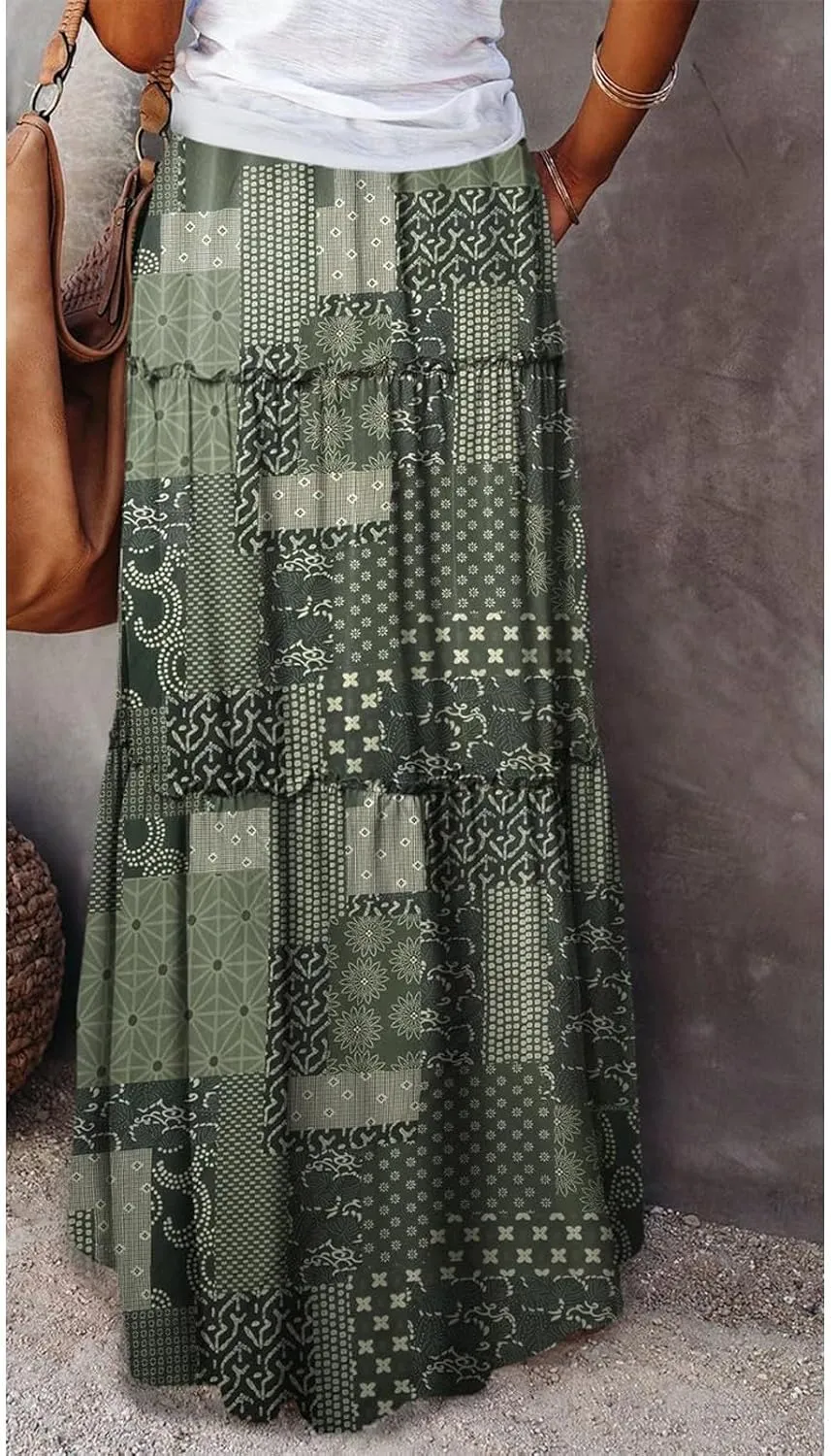 Women's Floral Print Midi Skirts 2025 Summer Aline Elastic High Waist Pleated Flowy Long Skirt Pockets Cute Skirts