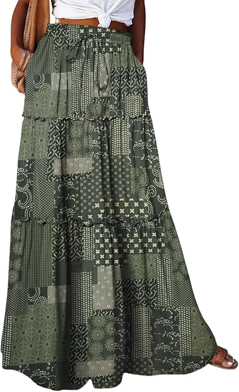 Women's Floral Print Midi Skirts 2025 Summer Aline Elastic High Waist Pleated Flowy Long Skirt Pockets Cute Skirts