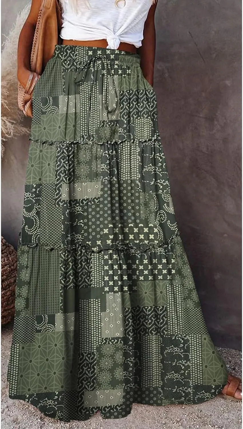 Women's Floral Print Midi Skirts 2025 Summer Aline Elastic High Waist Pleated Flowy Long Skirt Pockets Cute Skirts