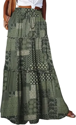 Women's Floral Print Midi Skirts 2025 Summer Aline Elastic High Waist Pleated Flowy Long Skirt Pockets Cute Skirts