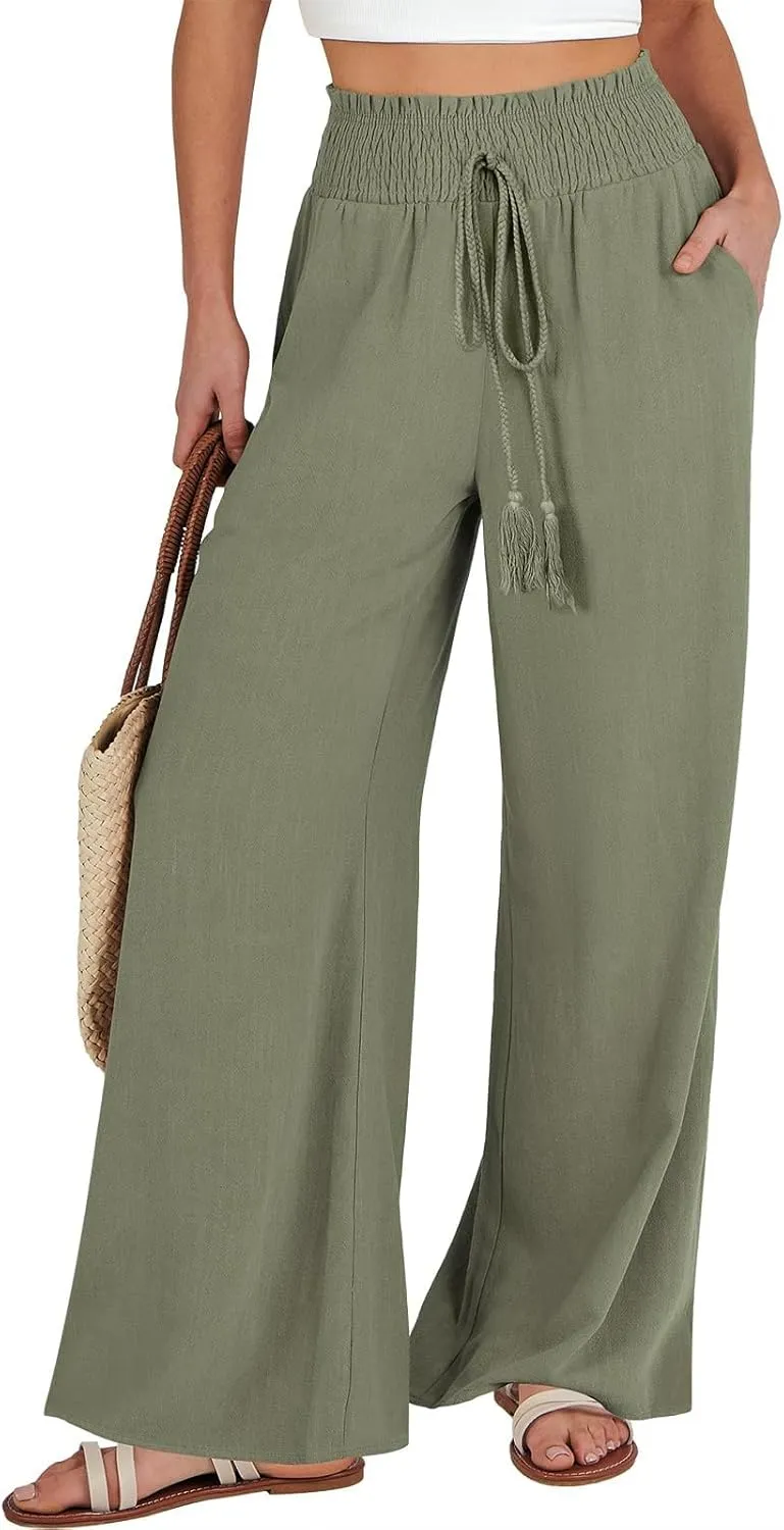 Women's Flowy Linen Pants Casual Wide Leg Pants Comfy Baggy High Waisted Palazzo Pants Beach Pants with Pockets