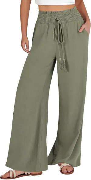 Women's Flowy Linen Pants Casual Wide Leg Pants Comfy Baggy High Waisted Palazzo Pants Beach Pants with Pockets